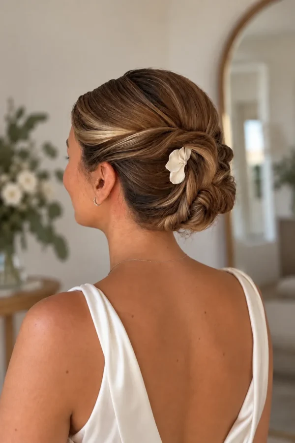 Coiffure de mariée moderne et élégante, orné d'1 épingle à cheveux de porcelaine froide en volutes.