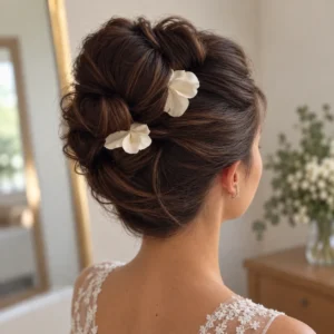 Coiffure de mariée avec chignon haut, orné de 2 épingles à cheveux de porcelaine froide en volutes.