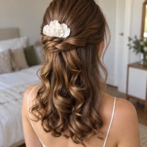 Mariée avec coiffure demi-queue et peigne de mariage en porcelaine froide.