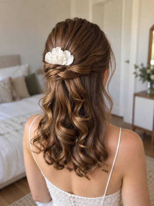 Mariée avec coiffure demi-queue et peigne de mariage en porcelaine froide.