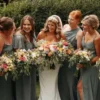 Mariée et ses demoiselles d'honneur. Mariée avec Diadème de fleurs blanches et perles nacrées.