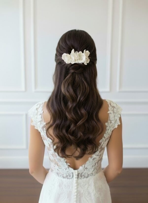 Coiffure mariée demi-queue wavy et peigne de fleurs de porcelaine