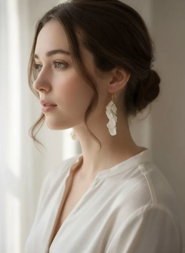 Mariée naturelle et élégante avec boucles d'oreilles pendantes blanches ornées de petites feuilles de porcelaine. Coiffure chignon bas