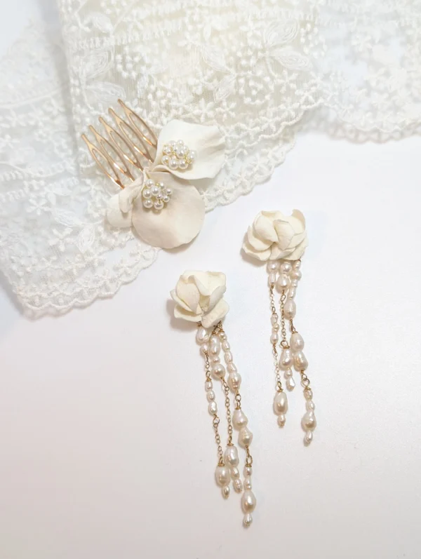 Bijou mariage - boucle d oreille mariage pendante fleur de porcelaine e pendants de perles naturelles