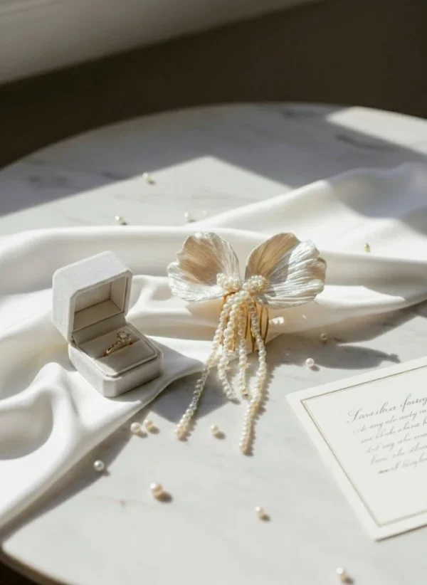 Flat lay bague de fiançaille et peigne mariage by Marguerite