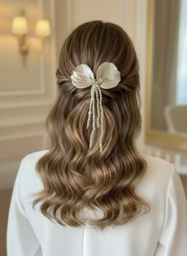 Peigne mariage forme noeud en pétales de porcelaine nacrés et cascade de perles