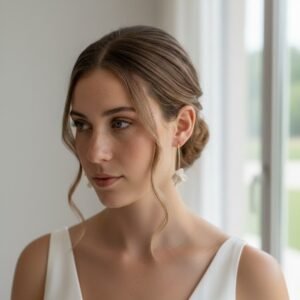 Mariée au chignon bas et robe à bretelles portant APOLLINE : bouton de fleur blanc au bout d'une tige dorée