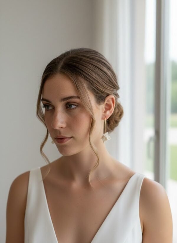 Boucles d'oreilles APOLLINE 2 Apolline, c'est un bouton de fleur en porcelaine froide, posé sur un long crochet fin qui traverse le lobe. Des boucles d'oreilles aériennes, pour les mariées qui aiment le naturel. <ul> <li>Faites main dans mon atelier du Pays Basque</li> <li>Long crochet en acier inoxydable 304, doré à l'or fin 14k ou argenté</li> <li>Fleur de 1,5 cm · longueur d'environ 5 cm · 2 g</li> </ul> Mariée au chignon bas et robe à bretelles portant APOLLINE : bouton de fleur blanc au bout d'une tige dorée