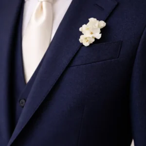 Boutonnière DIANE sur une veste de costume bleu marine