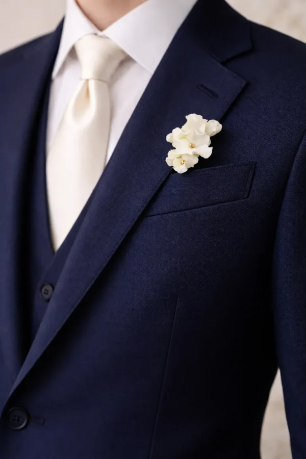 Boutonnière DIANE sur une veste de costume bleu marine