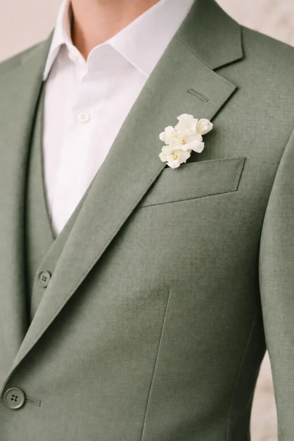 Boutonnière DIANE sur une veste de costume vert sauge