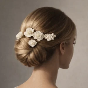 Mariée vue de dos avec chignon bas structuré et sophistiqué, ornée de fleurs blanches sculptées intégrées dans la coiffure, photographie éditoriale mariage luxe sur fond neutre minimaliste.