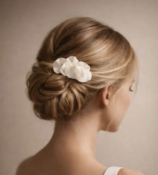 Mariée de dos en léger profil, chignon bohème blond foncé, peigne SOLÈNE à pétales blancs glissé sur le côté