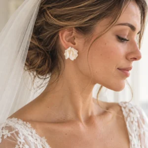Mariée au chignon bas et voile de tulle portant les puces d'oreilles ALMA, fleur blanche en porcelaine froide sur le lobe