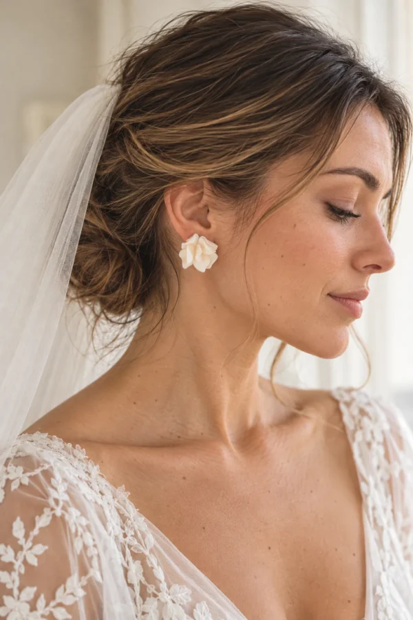 Boucles d'oreilles ALMA 2 <p>Alma, ce sont des puces d'oreilles ornées d'une fleur à peine éclose, modelée à la main dans la porcelaine froide. Elles se portent tout près du lobe, sans y penser.</p><ul><li>Faites main dans mon atelier du Pays Basque</li><li>Puces en gold filled 14k, fleur en porcelaine froide</li><li>Diamètre : environ 2,5 cm · 2 g</li></ul> Mariée au chignon bas et voile de tulle portant les puces d'oreilles ALMA, fleur blanche en porcelaine froide sur le lobe