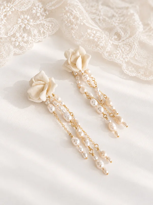 Accueil 12 Boucles d'oreilles de mariée LÉONIE : rose en porcelaine froide blanche et pampilles de perles sur chaînes dorées, posées sur de la dentelle, by Marguerite