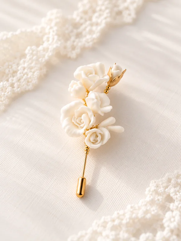 Accueil 15 Boutonnière de marié PAUL en roses de porcelaine froide blanche sur tige dorée, posée sur un tissu clair, by Marguerite