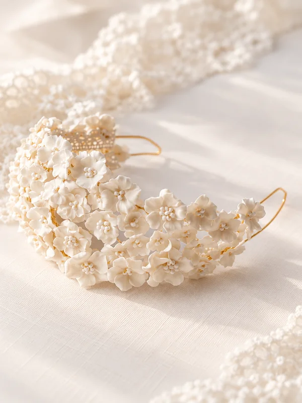 Accueil 10 Couronne de mariée JEANNE en fleurs de porcelaine froide blanche sur monture dorée, posée sur un tissu clair et de la dentelle, by Marguerite