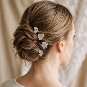 Épingles cheveux mariée ADÈLE portées dans un chignon bas : quatre petites fleurs blanches en porcelaine froide au cœur doré