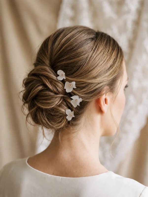 Épingles cheveux mariée ADÈLE portées dans un chignon bas : quatre petites fleurs blanches en porcelaine froide au cœur doré