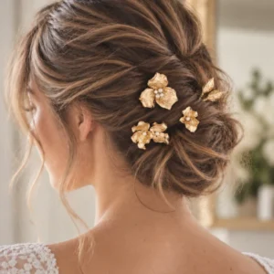 Chignon bas flou de mariée orné des épingles COLETTE : fleurs dorées au cœur de perles nacrées, by Marguerite