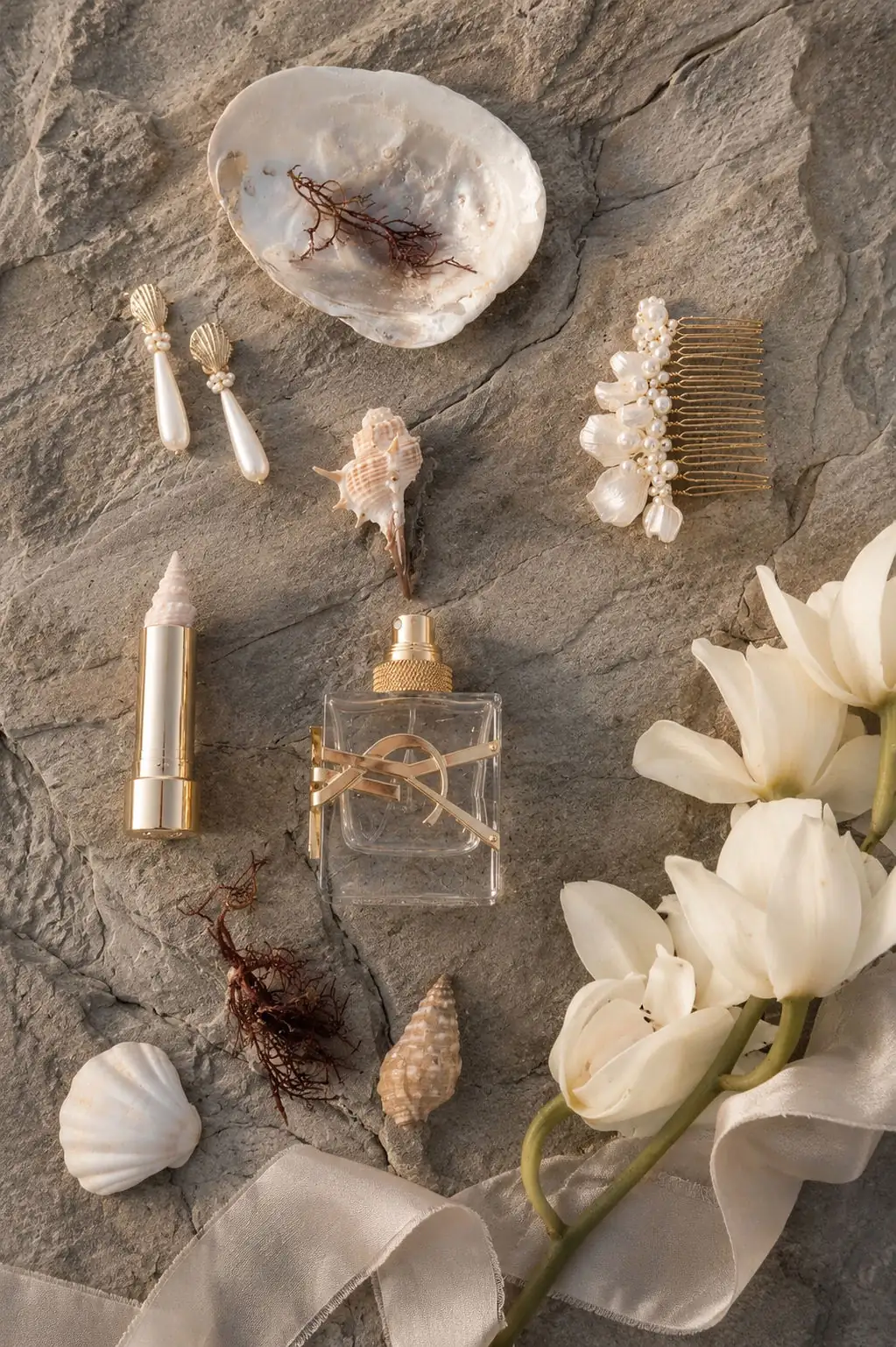 Bijoux de mariée posés sur la pierre parmi des coquillages : peigne ASTRID, boucles d'oreilles et fleurs blanches, by Marguerite
