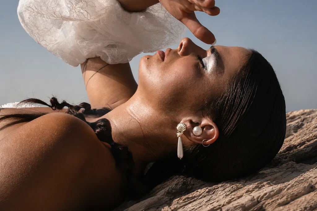 Gros plan sur une boucle d'oreille coquillage et perle créée sur mesure, mariée allongée sur un rocher face à l'océan, by Marguerite